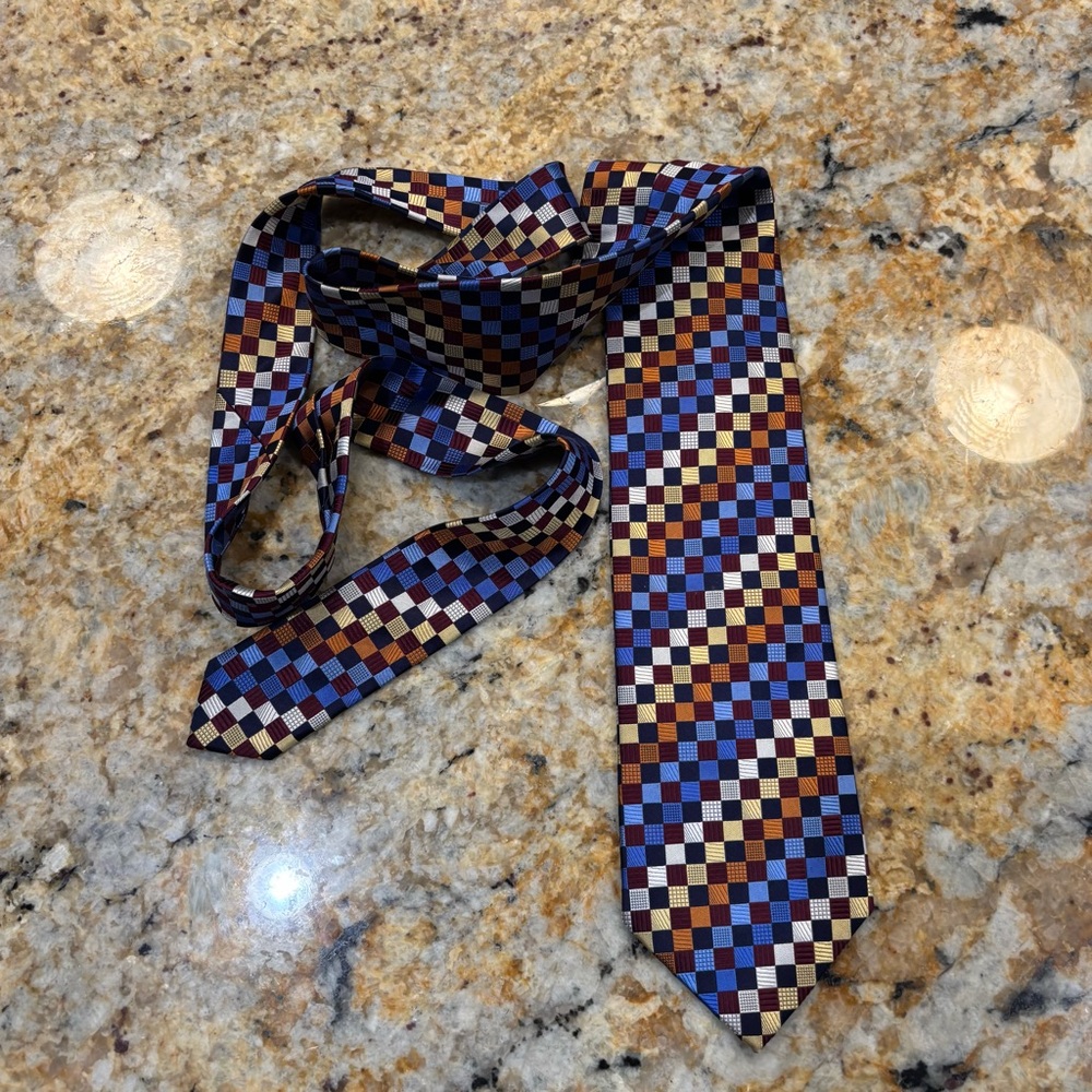 Jos A Banks Elegant Checkered Tie in Blue, Brown, and Cream 100% Silk